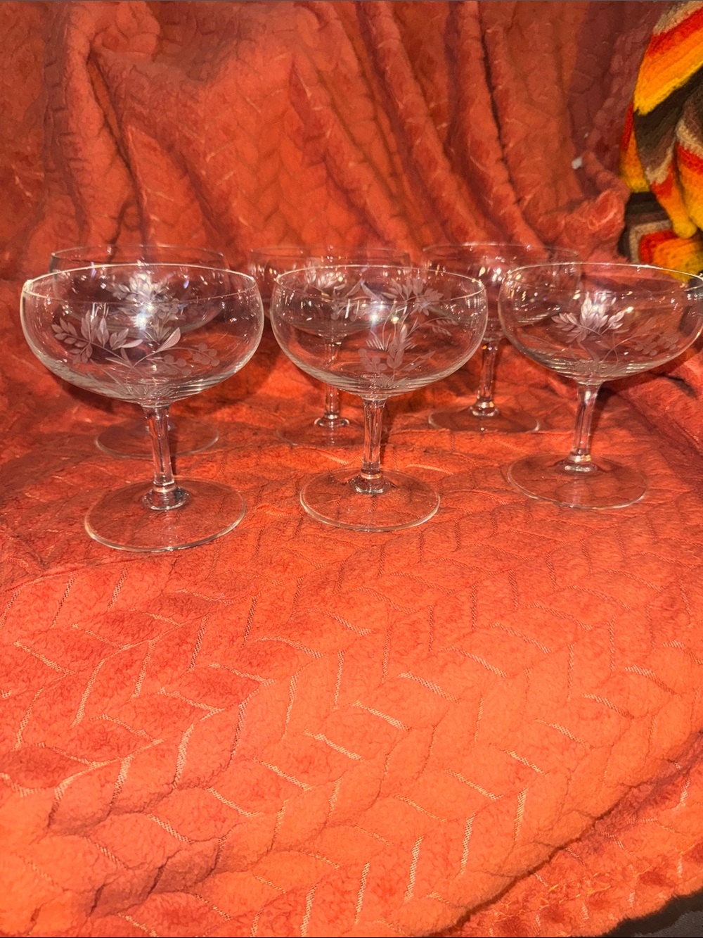 Rare Vintage Set of 6 Etched Crystal Floral & Berry Champagne Coupe / Cocktail G